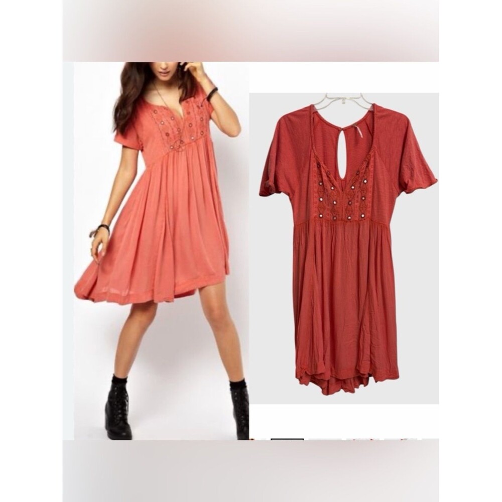 Free People Embellished Boho Babydoll Mini Dress Sz XS Coral Pockets Festival